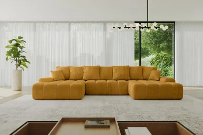 Produktbild von ALTDECOR Ecksofa mit Schlaffunktion und Bettkasten ENSI-U - 353x164x69 cm Senfgelb - Corner Sofa Eckcouch Couch U-Form universal, links/rechts angeordnet Schlafcouch Ausziehbar Wohnlandschaft