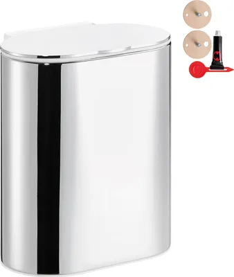 A shiny metal trash can with a white lid, shown with mounting hardware.
