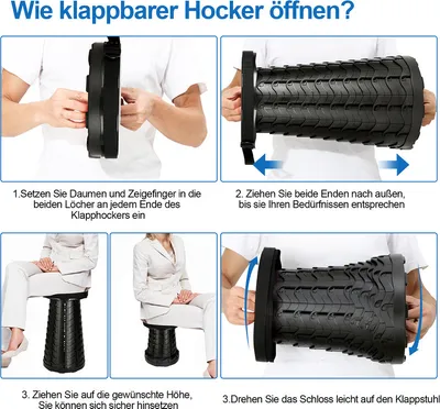 A collage of images showing how to open a foldable stool. The images are accompanied by text instructions in German.