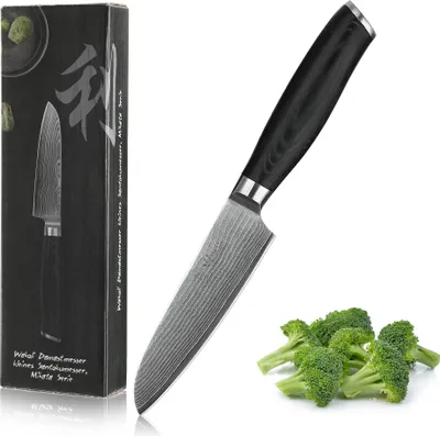 Produktbild von Wakoli Mikata Damast Kleines Santoku Messer 12 cm Klinge extrem scharf aus 67 Lagen I Damastmesser Küchenmesser und Profi Kochmesser aus echtem japanischen Damaststahl mit Micarta Griff