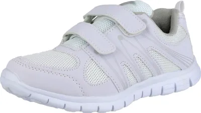 A white sneaker with velcro straps.