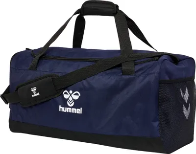 A navy blue duffel bag with black accents and straps.
