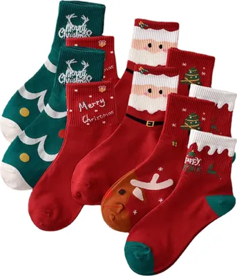Produktbild von 5 Paar Weihnachtssocken, Herbst/Winter, feuchtigkeitsableitend, atmungsaktiv, Rentier-Weihnachtsmann-Motiv, mittelhoch, für Damen und Herren, dehnbar, sportlich, lässig, Crew-Socken