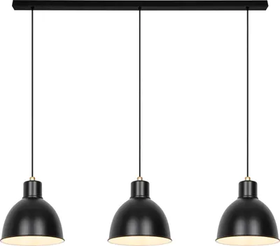 A studio shot of a black pendant light fixture with three lamps.