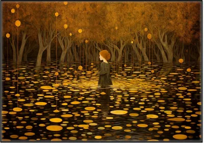 Produktbild von Wallario Wandbild Goldener Wald, Größe: 70,30 x 100,30 cm, Poster mit schwarzem Aluminiumrahmen