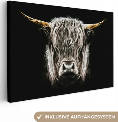 Produktbild von MuchoWow® - Leinwandbilder - Schottischer Highlander - Gold - Hörner - Schwarz und weiß - Kuh - Tiere, Wandbild, Wanddeko Bilder Wohnzimmer, 30x20 cm