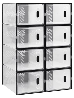 Produktbild von Schuhboxen - Stapelbares Schuhregal - 8er-Set - Faltbar - Stapelbar - Kunststoff - 25 × 18,5 × 35,5 cm je Box - Schwarz