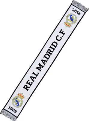 A Real Madrid scarf displayed diagonally against a white background.