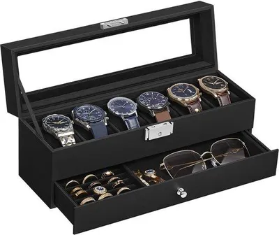 Produktbild von Schwarze Uhrenbox mit Glasdeckel, 2 Ebenen, für 6 Uhren, abschließbar, 1 Schublade, für Schmuck, Armbänder, Geschenkidee, schwarzer PolyurethanHülle