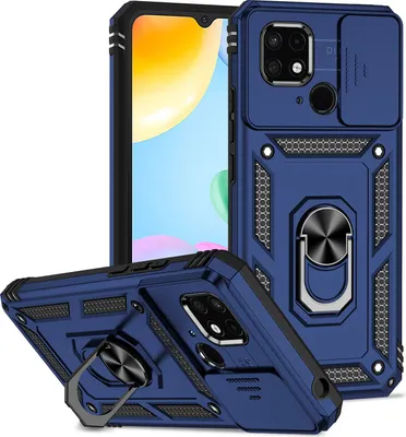 A blue phone case with a sliding camera cover and a ring holder is displayed with a phone screen in the background.
