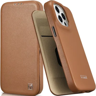 Zdjęcie produktu dla Icarer Ce Premium Leather Folio Case Skórzane Etui Iphone 14 Pro Z Klapką Magnetyczne Magsafe Brązowy (Wmi14220714-Bn)