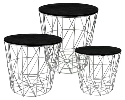 Produktbild von Metall Beistelltisch mit Stauraum - 3er Set - Wohnzimmer Tisch mit Abnehmbarer Holzplatte und Metallkorb