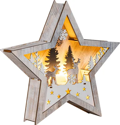 A wooden star-shaped lantern with a winter scene inside, lit by warm white LEDs.