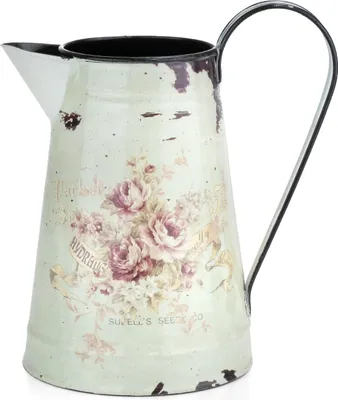 Image de Déco Pot en tôle Vase à fleurs en métal avec poignée et bec verseur Vintage Retro Décoration Shabby Motif fleurs / motifs floraux
