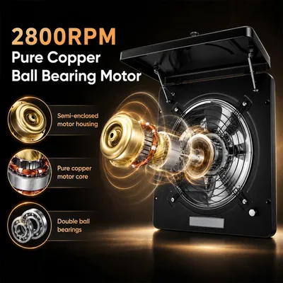 Image de Ventilateur d'extraction - Montage mural - 25 cm - 100 W - 2800 tr/min - Silencieux - Clapet anti-retour - Noir