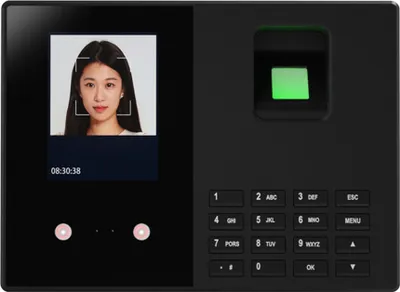 A close-up of a biometric access control device with a screen displaying a person's face and a fingerprint scanner.