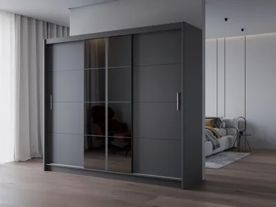 Produktbild von Krudox PRT 250 cm Graphit Schwebetürenschrank Mit Spiegel Breiten 200/250 cm Kleiderschrank Für Wohnzimmer Mit Kleiderstange und Schubladen