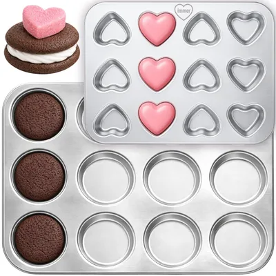 Obrázok produktu pre Sada nerezových plechov na pečenie: Whoopie Pie (mini palacinky) a mini plech v tvare srdca, 24 kusov
