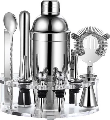 Produktbild von Famanu Cocktailset 12-teilig Edelstahl mit Acrylständer - Professionelle Barset