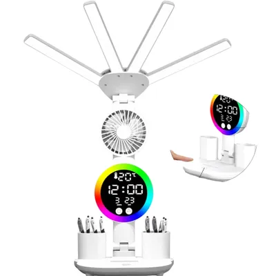 Produktbild von LED Schreibtischlampe mit Ventilator & Digital-Display, 4-Kopf Faltbare Tischleuchte mit Stifthalter, 3200mAh Akku, 3 Lichtmodi & Stufenloses Dimmen