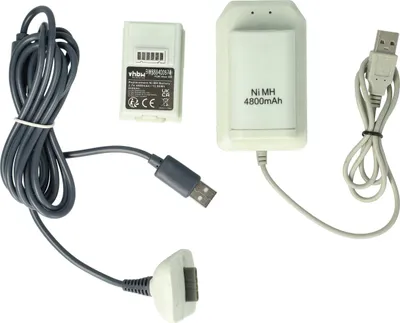 Produktbild von vhbw Play & Charge Kit kompatibel mit Microsoft Xbox 360 Controller - 1x Ladegerät, 1x Ladekabel, 2x Akku Schwarz Grau Weiß