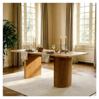 Produktbild von Esstisch GUARDA 160 x 75 cm, Wildeiche MDF - Rechteckiger Esszimmertisch mit Designfuß in Lamellenoptik, moderner Küchentisch für 6 Personen