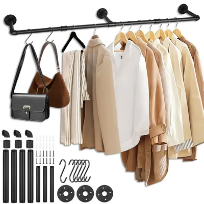 Produktbild von Kleiderstange für Wandmontage 140 cm, 50 kg Belastbarkeit, Schwarz, mit 8 S-Haken für Schlafzimmer