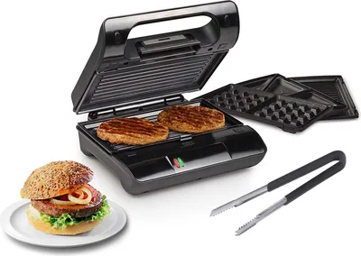 Produktbild von Kontaktgrill Grillzange, Waffeleisen & Sandwichmaker 3in1 Wechselplatten 23x13cm