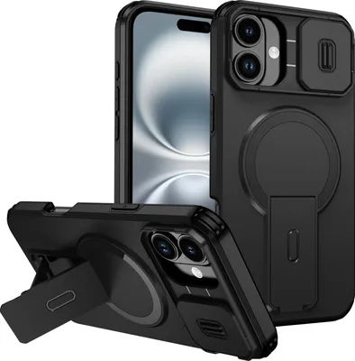 Produktbild von Magnetisch Hülle für iPhone 16 Plus, Dual Layer Stoßfest Handyhülle mit Dia Kameraschutz, Verstellbarem Ständer Schwarz