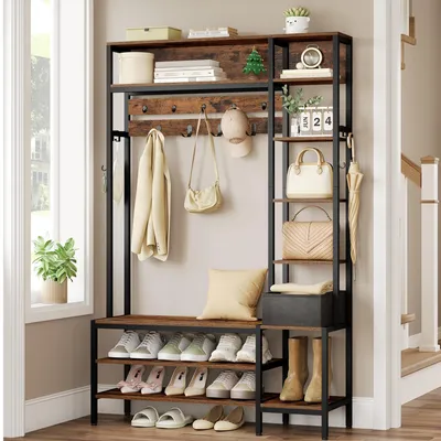 Productafbeelding van 4-in-1 Kapstok met schoenenrek en 15 haken - Afmetingen 40 x 120 x 190,5 cm