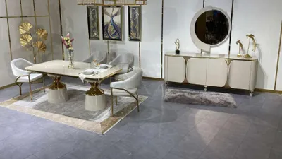 Produktbild von Luxus Esszimmer Set Esstisch Essgruppe + 6x Stühle Anrichte und Spiegel 9 tlg
