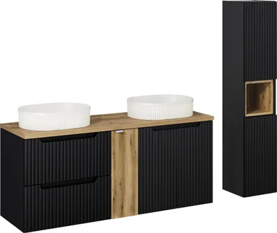 Produktbild von Badezimmerschrank 140 Cm Mit Platte Eiche Schwarz Matt Waschtisch Hochschrank