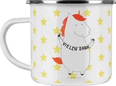 Produktbild von Mr. & Mrs. Panda Emaille Tasse Einhorn Dankeschön - Weiß - Geschenk, Danke, Outdoor Becher, Pott, Vielen Dank, Einhörner, Danksagung, Unicorn, Haferl, Teetasse