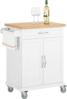 Produktbild von SoBuy Küchenwagen Küchenwagen Servierwagen mit Bambus Tischplatte Küchenschrank Kochinsel - Holz, Weiß - ca. 66 x 91 cm x 46 cm