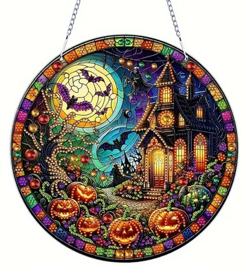 Image de Kit de peinture diamant sur thème d'Halloween, idéal pour adultes et enfants, comprenant des décorations pour fenêtres en forme de château