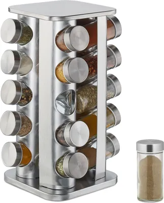 Produktbild von Relaxdays Gewürzkarussell, 20 Gläser, 5 Ebenen, 360° drehbar, mit Streueinsätzen, aromadichte Schraubdeckel, aus Edelstahl, Glas, Kunststoff, Silber, 34 x 16 x 16 cm (H x B x T), 2,6 kg