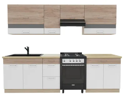 Obrázek produktu pro Kuchynská linka 270 cm – ECONO B PLUS – dub Sonoma – bílá lesklá – bez pracovní desky – vestavená kuchyne se systémem Soft-Close – zásuvky s kovovými úchytkami