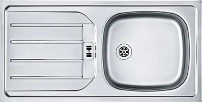 A top-down view of a stainless steel kitchen sink with a drainboard.