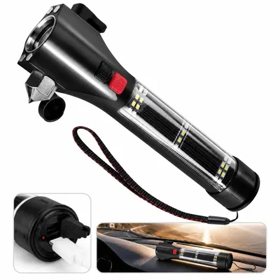 Produktbild von Multifunktionaler Auto-Sicherheits-Hammer  – Notfallhammer, Gurtschneider, LED- & COB-Taschenlampe, SOS-Blitz, USB-/Solar-Ladung, Magnetisch, 3000mAh