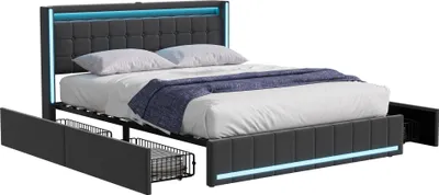 Obrázok produktu pre Postel Moonbite s úložným priestorom, 160x200 cm, lino, sivá, s 4 kovovými zásuvkami, LED osvetlením, USB portom a portom typu C – posilnená manželská posteľ