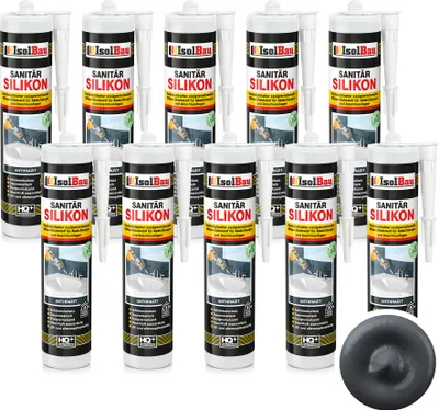 Produktbild von Isolbau Sanitär Silikon 10 x 300 ml Anthrazit - Hochelastischer Silikon-Dichtstoff für Abdichtungen & Fugen – Schimmelresistent, wasserdicht -  Kartusche