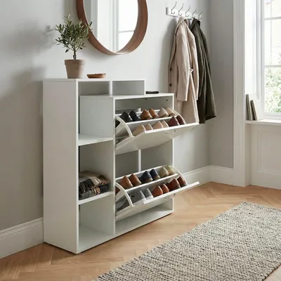 Obrázok produktu pre FineBuy Moderný botník z dreva s 2 priehradkami, biely, na 12 párov topánok, botník 85 x 24 x 93 cm, botník do predsiene s odkladacou policou – botník