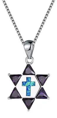 Produktbild von JEVLUH Blauer Opal David Stern Und Kreuz Kruzifix Halskette,Kristalln Feuer Opal