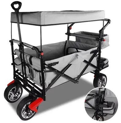 Produktbild von Faltbarer Gartenwagen - Bollerwagen mit Dach - Traglast 100 kg - 128x56x108 cm - Räder mit Bremse - Grau