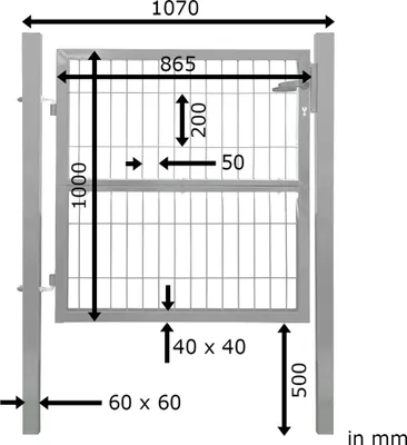 A diagram of a garden gate with dimensions indicated.