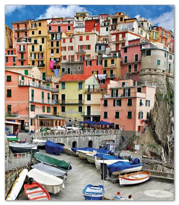 Produktbild von Wallario Herdabdeckplatte aus Glas, Größe 52 x 60 cm 1-teilig, Motiv Bunter Hafen in Italien