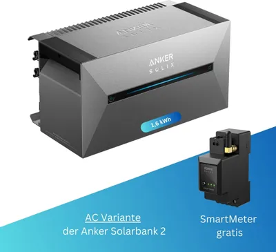 Produktbild von AC Variante Anker Solix Solarbank 2 AC – nachrüst Speicher für bestehende Balkonkraftwerke – 1,6 kWh – bis zu sechs Solarmodule – Echtzeitüberwachung per App - Steuerungseinheit integriert – gratis SmartMeter - Anschlusskabel -