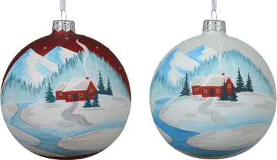 Produktbild von Weihnachtskugel 'Schneelandschaft und Häusern' -  Christbaum-Hänger, 10 cm, Glas - 1 Stück roter Himmel