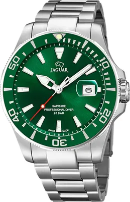 A close-up studio shot of a Jaguar men's watch with a green dial and silver metal band.