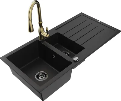 Produktbild von Mexen Andres 1,5-Becken-Granitspüle mit Abtropffläche und Mischbatterie Savita, Schwarz - 6515-77-672601-50-B